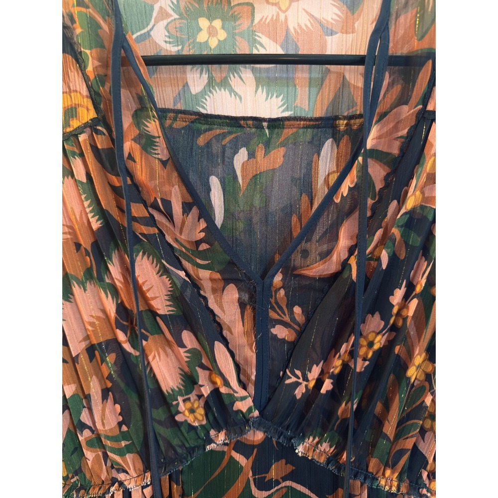 Coach 1941 Flowy Floral Pleated Dress w Tie Front Sz 4 Black Gold Metallic Boho - Picture 2 of 12